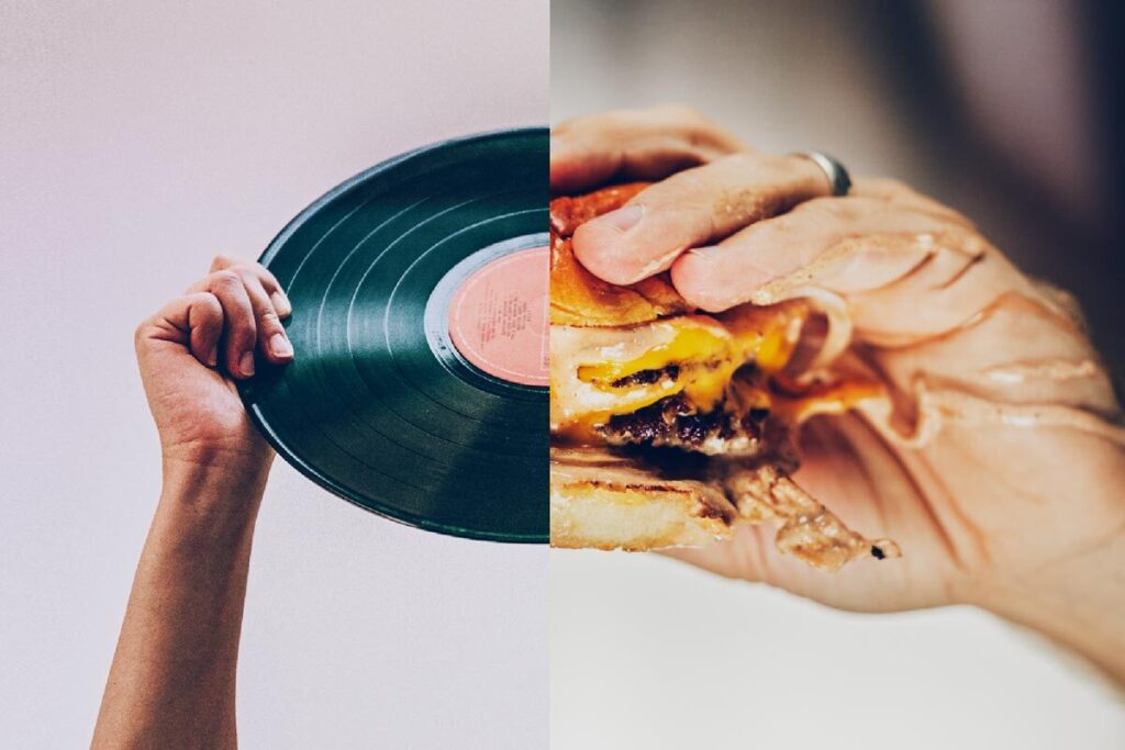 Fotokollage med händer som håller i en LP-skiva och en hamburgare